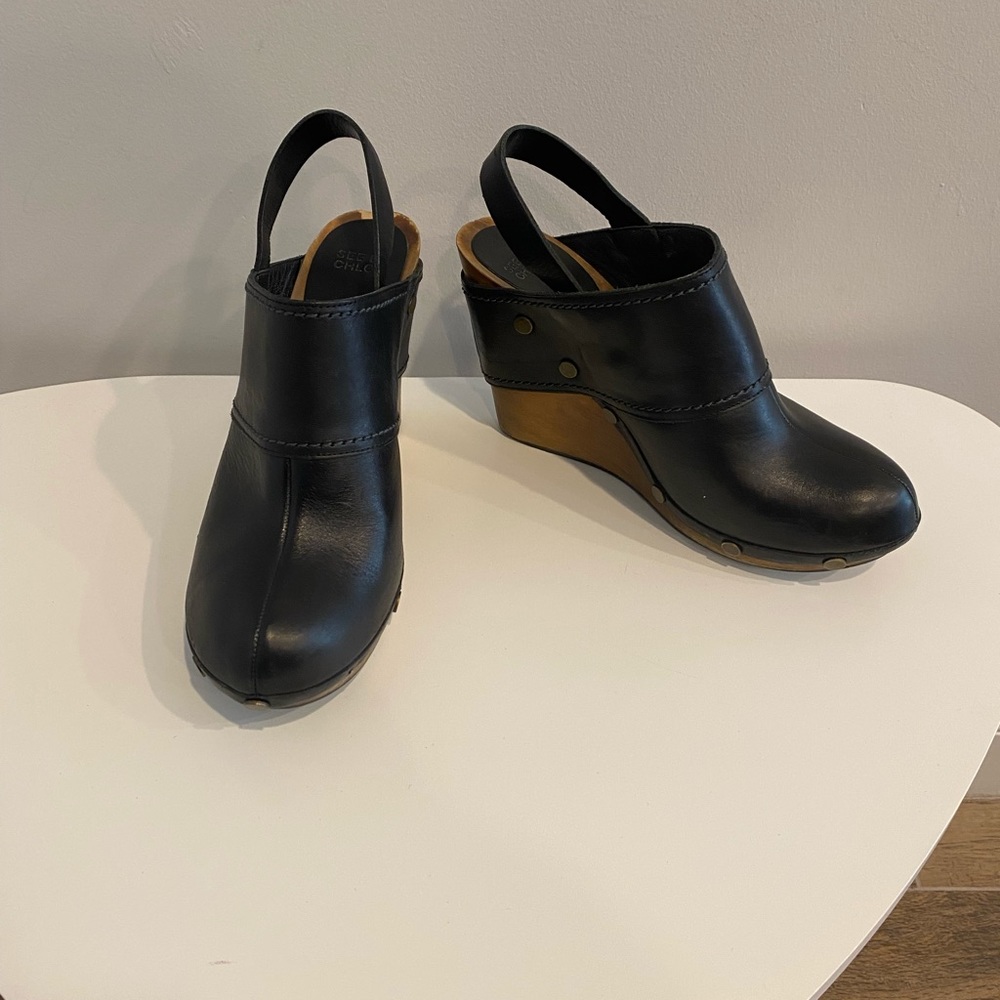 See by Chloe Platform Black Leather Clogs